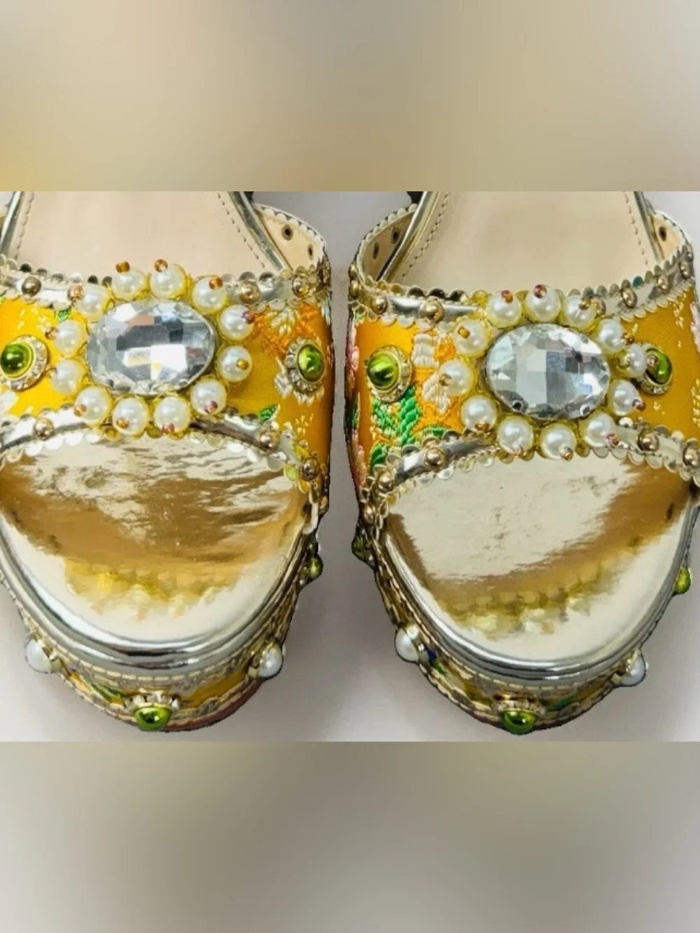 Azalea Wang Cici Yellow Gold Jeweled Baroque Platform Heels